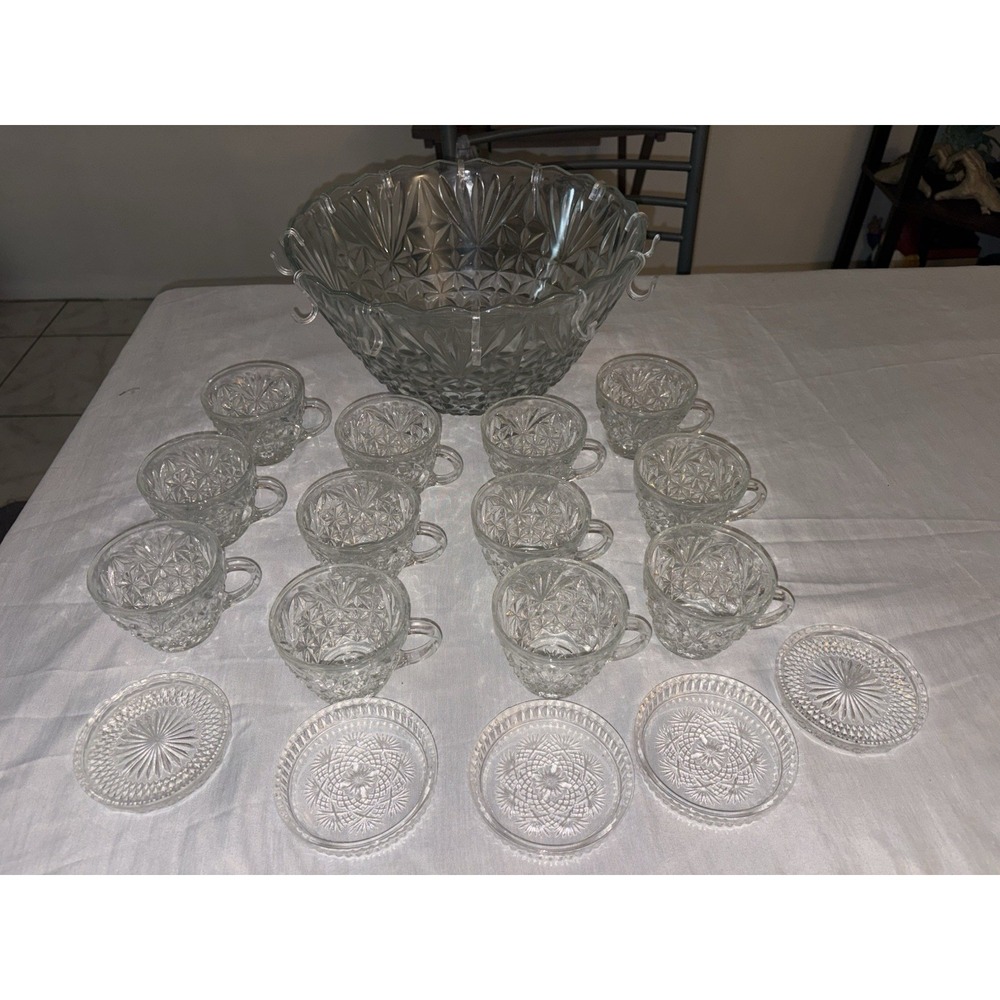 VTG L.E. Smith Glass Pinwheel & Stars Punch Bowl Set w/ 12 Cups Hooks Saucers